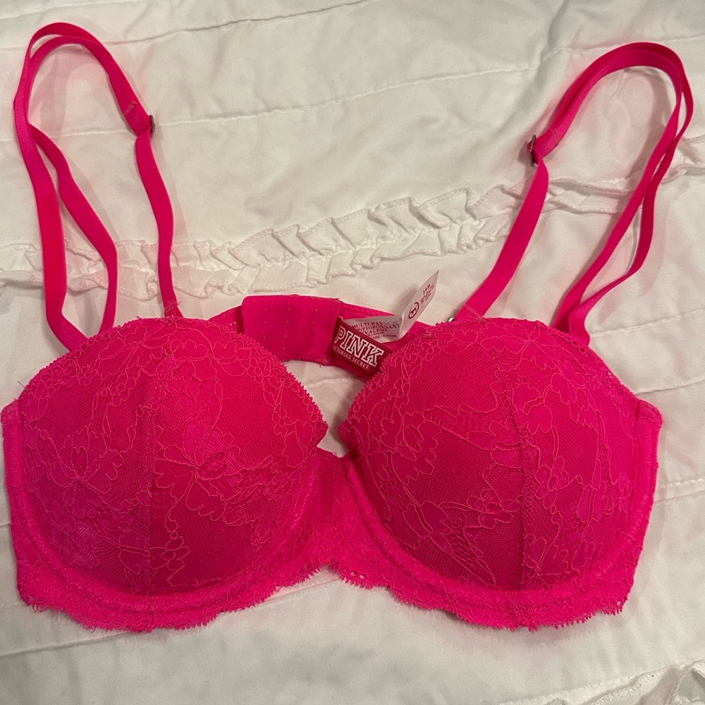PINK Victoria’s Secret bright pink lacy push up bra